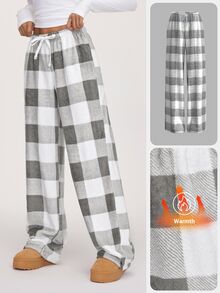 SHEIN BASICS 休閒針織格紋低腰寬鬆女款長褲，保暖舒適冬季女用居家休閒褲，白色 - 彩色 - 查看 2