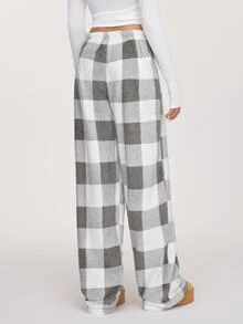 SHEIN BASICS 休閒針織格紋低腰寬鬆女款長褲，保暖舒適冬季女用居家休閒褲，白色 - 彩色 - 查看 3