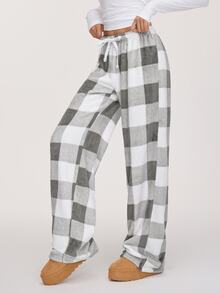 SHEIN BASICS 休閒針織格紋低腰寬鬆女款長褲，保暖舒適冬季女用居家休閒褲，白色 - 彩色 - 查看 6