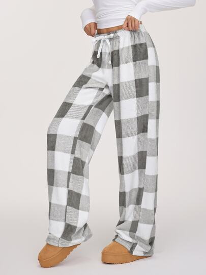 SHEIN BASICS بنطال نسائي كاجوال محبوك بنقشة جينجهام بخصر منخفض وقصة فضفاضة، دافئ ومريح للشتاء، أبيض، للاسترخاء والمنزل