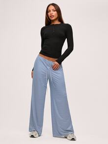 SHEIN BASICS 女款休閒針織條紋低腰寬鬆寬腿長褲 夏季女裝 - 藍白色 - 查看 3