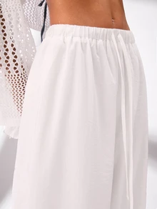 SHEIN BASICS Solid Color Woven High Waisted Wide Leg Casual Women's Pants Summer For Women - White - View 4