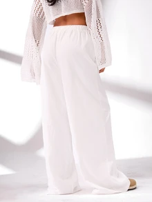 SHEIN BASICS Solid Color Woven High Waisted Wide Leg Casual Women's Pants Summer For Women - White - View 3