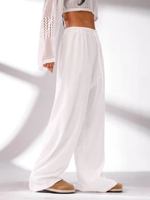SHEIN BASICS Solid Color Woven High Waisted Wide Leg Casual Women's Pants Summer For Women - White - View 6
