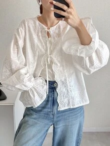 FRIFUL Women's Summer New Tie-Up Bow Knot Ruched Ruffle Loose Casual Versatile Blouse - Beige - View 9
