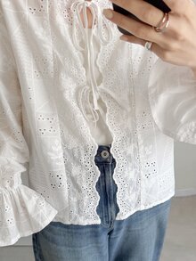 FRIFUL Women's Summer New Tie-Up Bow Knot Ruched Ruffle Loose Casual Versatile Blouse - Beige - View 6