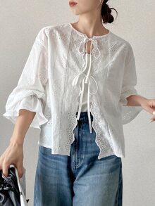 FRIFUL Women's Summer New Tie-Up Bow Knot Ruched Ruffle Loose Casual Versatile Blouse - Beige - View 7