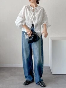 FRIFUL Women's Summer New Tie-Up Bow Knot Ruched Ruffle Loose Casual Versatile Blouse - Beige - View 8