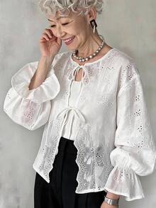 FRIFUL Women's Summer New Tie-Up Bow Knot Ruched Ruffle Loose Casual Versatile Blouse - Beige - View 10