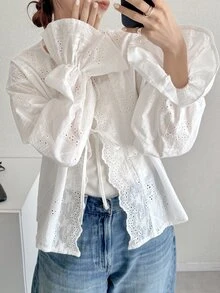 FRIFUL Women's Summer New Tie-Up Bow Knot Ruched Ruffle Loose Casual Versatile Blouse - Beige - View 1