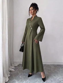 Elenzga Notch Mock Neck Button Detail Trumpet Sleeve Dress - Army Green - View 6