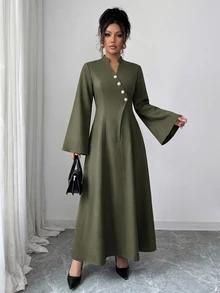 Elenzga Notch Mock Neck Button Detail Trumpet Sleeve Dress - Army Green - View 5