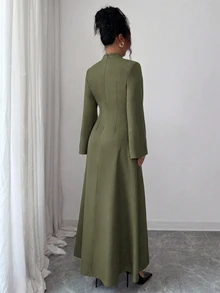 Elenzga Notch Mock Neck Button Detail Trumpet Sleeve Dress - Army Green - View 2