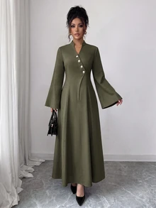 Elenzga Notch Mock Neck Button Detail Trumpet Sleeve Dress - Army Green - View 3