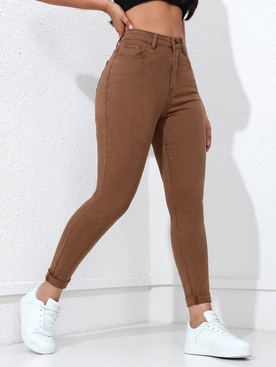 Jeanoix Casual Versatile Solid Color Slim Fit Jeans - Brown - View 1