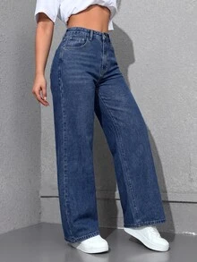SHEIN ICON 女士休闲日常口袋纽扣牛仔裤 - 深色水洗藍 - 查看 4