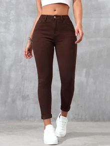 SHEIN Essnce Solid Color Slant Pocket Skinny Casual Everyday Jeans,Fall/Winter - Brown - View 5