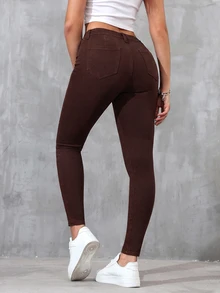 SHEIN Essnce Solid Color Slant Pocket Skinny Casual Everyday Jeans,Fall/Winter - Brown - View 2