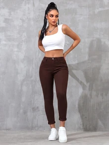 SHEIN Essnce Solid Color Slant Pocket Skinny Casual Everyday Jeans,Fall/Winter - Brown - View 4