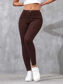 SHEIN Essnce Solid Color Slant Pocket Skinny Casual Everyday Jeans,Fall/Winter - Brown - View 3