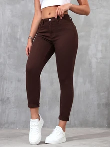 SHEIN Essnce Solid Color Slant Pocket Skinny Casual Everyday Jeans,Fall/Winter - Brown - View 6