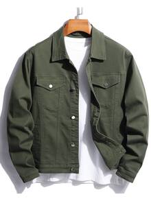 Fenqiro Plus Size Men's Solid Color Cargo Pockets Long Sleeve Plain Casual Dark Denim Jacket, Spring Autumn, For Work Work Going Out Hiking Urban - Army Green - View 2