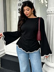Easura Women's Plus Size Autumn Single Piece Contrast Color Wavy Edge Flared Sleeve Waist-Cinched Blouse, Elegant Mature Style For Office Fall/Winter - Black - View 1