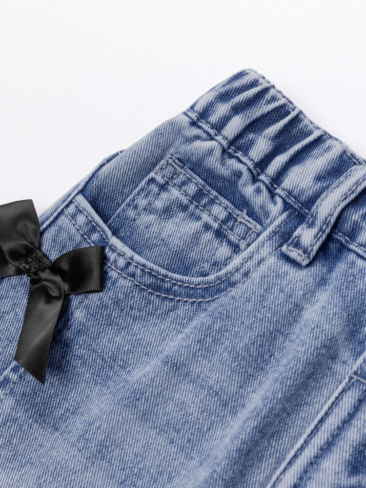 SHEIN Young Girls' Denim Jeans, Casual Cowgirl Western Retro Fashion Personalized Front Distressed Split Faded Acid Wash Baby Blue 3D Bow Wide Leg Snug Fit - Blue - View 7
