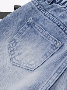 SHEIN 女童牛仔長褲，休閒牛仔女郎西式復古時尚個性款，前開衩破洞水洗褪色酸洗淺藍色，3D蝴蝶結寬腿修身版型 - 藍色 - 查看 5