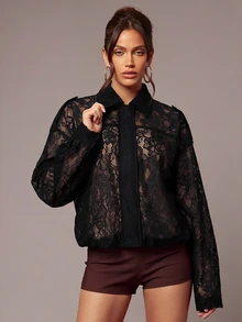 Silquee 女款黑色蕾絲休閒夾克，優雅商務通勤穿搭，適合職場到週末，秋季百搭休閒辦公外套 - 黑色 - 查看 2
