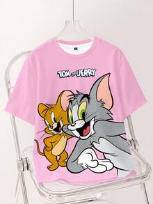 TOM & JERRY X SHEIN 女款卡通印花圓領短袖休閒T恤 - 白色 - 查看 8
