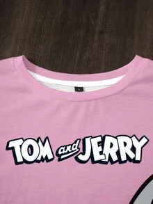 TOM & JERRY X SHEIN 女款卡通印花圓領短袖休閒T恤 - 白色 - 查看 6