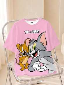 TOM & JERRY X SHEIN 女款卡通印花圓領短袖休閒T恤 - 白色 - 查看 1