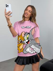 TOM & JERRY X SHEIN 女款卡通印花圓領短袖休閒T恤 - 白色 - 查看 5