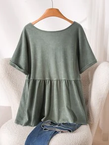 CosyJoli Plus Size Women V-Neck Embroidered Casual Traditional Boho Washed Short Sleeve T-Shirt, Going Out Vacation Tops Green Summer - Green - View 3
