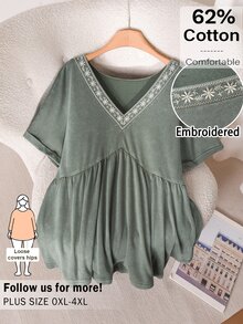 CosyJoli Plus Size Women V-Neck Embroidered Casual Traditional Boho Washed Short Sleeve T-Shirt, Going Out Vacation Tops Green Summer - Green - View 4