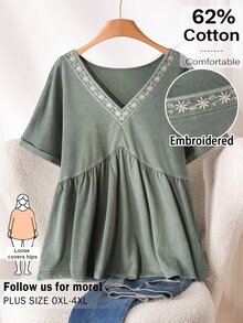 CosyJoli Plus Size Women V-Neck Embroidered Casual Traditional Boho Washed Short Sleeve T-Shirt, Going Out Vacation Tops Green Summer - Green - View 2