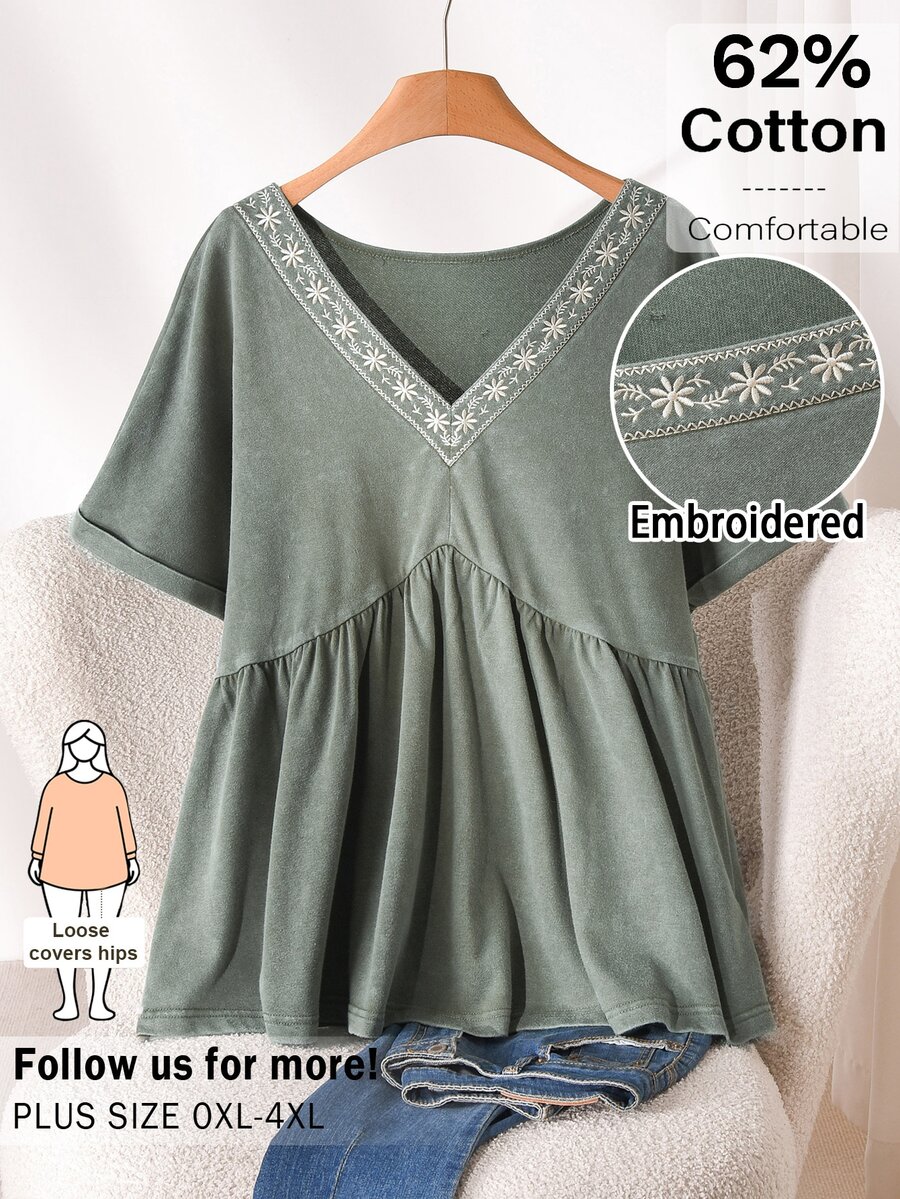 CosyJoli Plus Size Women V-Neck Embroidered Casual Traditional Boho Washed Short Sleeve T-Shirt, Going Out Vacation Tops Green Summer