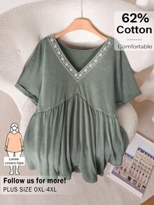 CosyJoli Plus Size Women V-Neck Embroidered Casual Traditional Boho Washed Short Sleeve T-Shirt, Going Out Vacation Tops Green Summer - Green - View 7