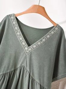 CosyJoli Plus Size Women V-Neck Embroidered Casual Traditional Boho Washed Short Sleeve T-Shirt, Going Out Vacation Tops Green Summer - Green - View 5