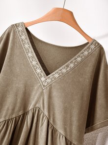 CosyJoli 大尺碼女款水洗上衣，休閒女款刺繡T恤，娃娃風上衣 - 棕色 - 查看 5