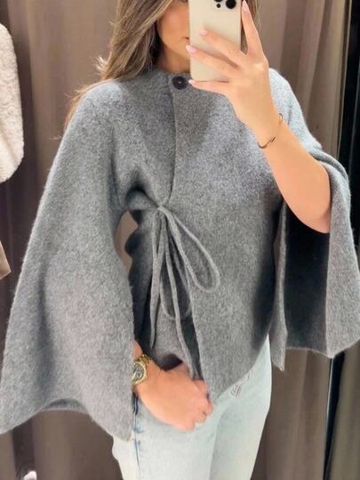 Aloruh Women's Elegant Minimalist Commute Long Sleeve Wool Blend Cinched Waist Light Grey Jacket,Autumn And Winter Office