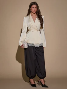 SHEIN BAE Women's Solid Color Peter Pan Collar Cinched Waist 3D Button Decor Asymmetric Contrast Lace Hem Elegant Long Sleeve Blazer - Beige - View 1