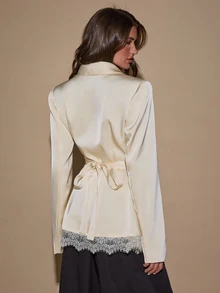 SHEIN BAE Women's Solid Color Peter Pan Collar Cinched Waist 3D Button Decor Asymmetric Contrast Lace Hem Elegant Long Sleeve Blazer - Beige - View 2
