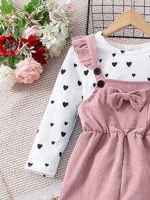 SHEIN Elladie kids 女童休閒日常圓領長袖修身愛心印花T恤搭配3D蝴蝶結肩帶吊帶褲，燈芯絨面料，適合秋季上學 - 粉色 - 查看 4