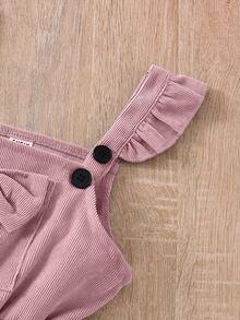 SHEIN Elladie kids 女童休閒日常圓領長袖修身愛心印花T恤搭配3D蝴蝶結肩帶吊帶褲，燈芯絨面料，適合秋季上學 - 粉色 - 查看 5
