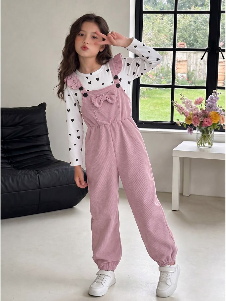 SHEIN Elladie kids 女童休閒日常圓領長袖修身愛心印花T恤搭配3D蝴蝶結肩帶吊帶褲，燈芯絨面料，適合秋季上學