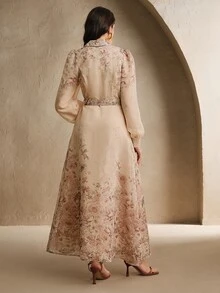 Anewsta Elegant Floral Print Collared Puff Sleeve Dress For Women, Spring To Summer - Brown - View 3
