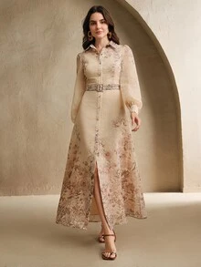 Anewsta Elegant Floral Print Collared Puff Sleeve Dress For Women, Spring To Summer - Brown - View 6