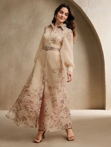 Anewsta Elegant Floral Print Collared Puff Sleeve Dress For Women, Spring To Summer - Brown - View 2
